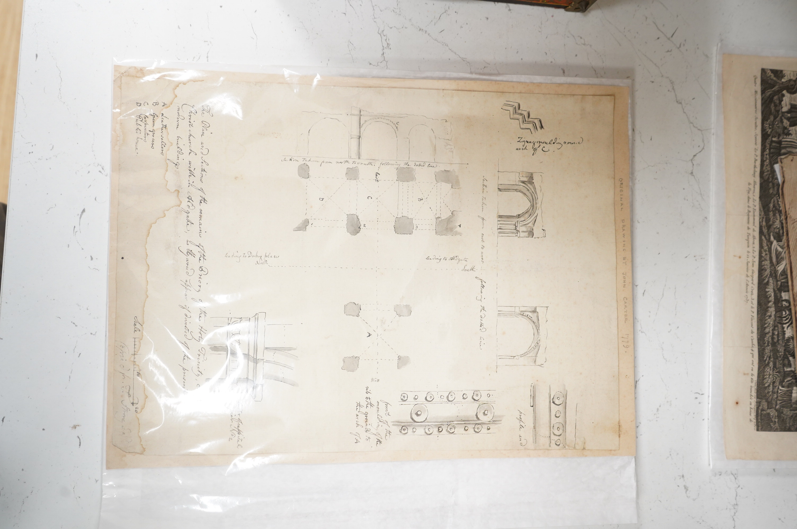 18th century, Italian Old Master, Study of a bearded gentleman, ink sepia study on buff paper, together with four engravings to include Public Execution Scene in Tonkin and an architectural example, unframed